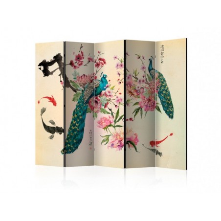 Paravent Paon et fleurs 5...