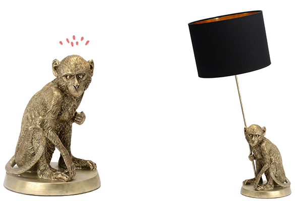 139501 (2) lampe a poser luminaire lumiere eclairage original lin abat jour animal singe noir or doré