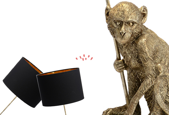 139501 (3) lampe a poser luminaire lumiere eclairage original lin abat jour animal singe noir or doré