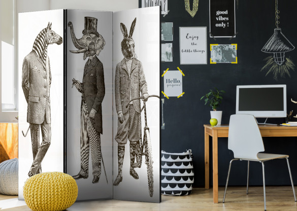 Des hommes avec des têtes d'animaux dans un style rétro pour ce paravent Artgeist